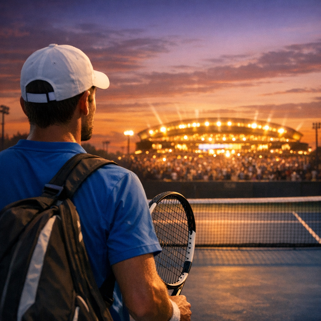 Tennis player at dusk watching a packed stadium glow in the distance